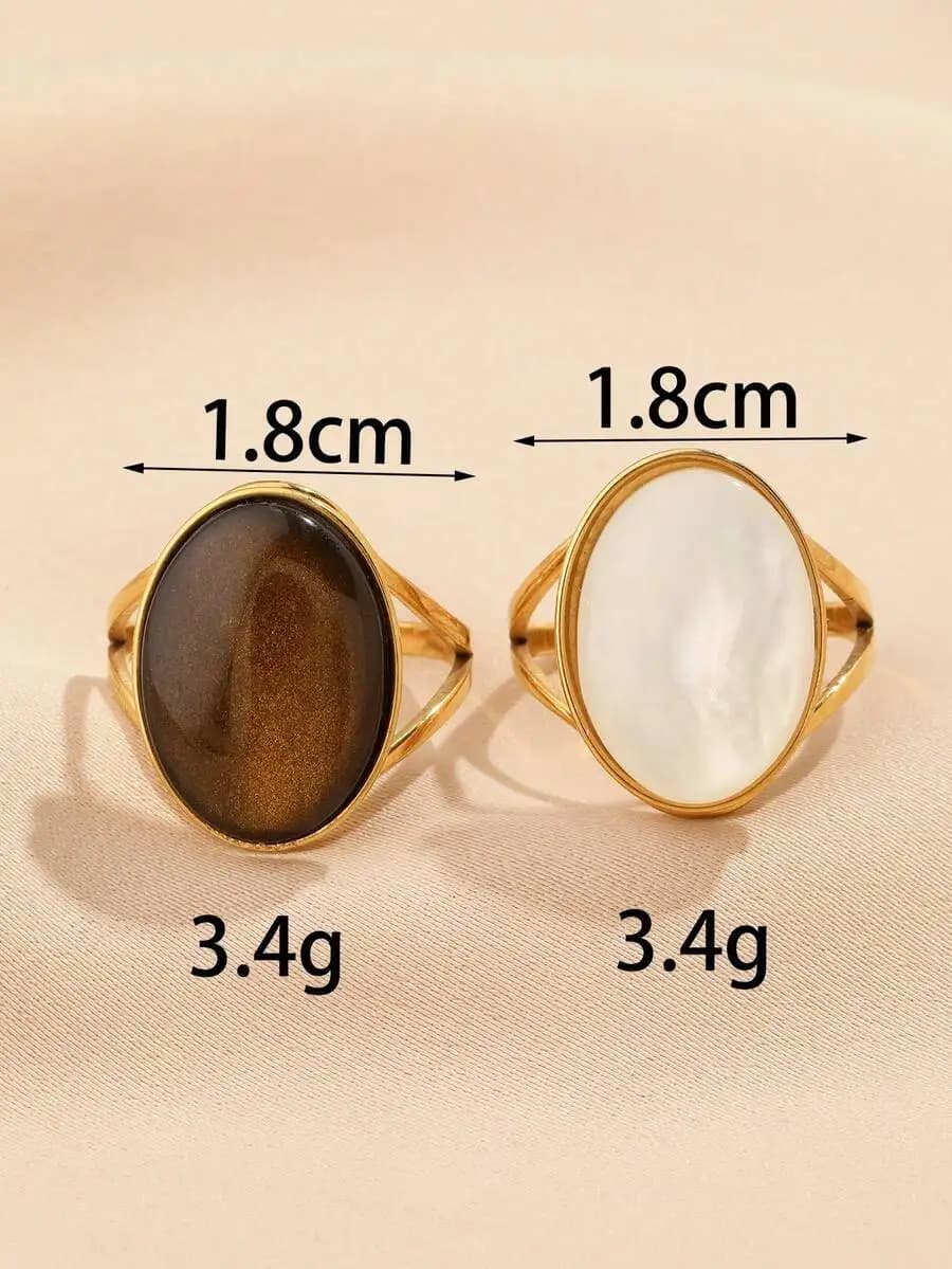 2 anelli alla moda in acciaio inossidabile con pietre ovali marroni e bianche, decorazione esagerata