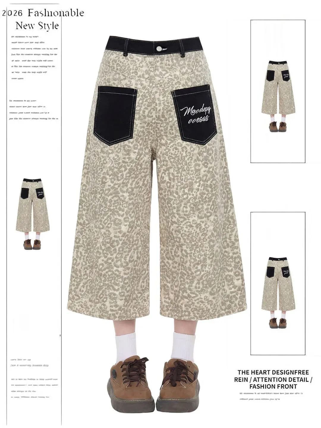 American Retro Leopard Print Patchwork Pocket Jeans Women's Summer New plus Size Slimming Shorts High Waist Casual Style