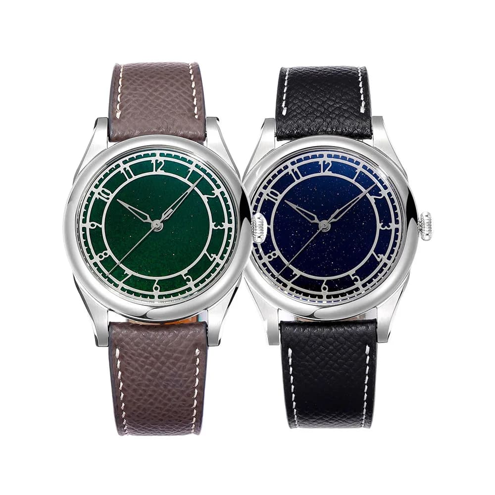 HUASUO Automatic Mechanical Watch with Blue Crystal Dial and Green Stone, Genuine Leather Strap, for Business and Leisure