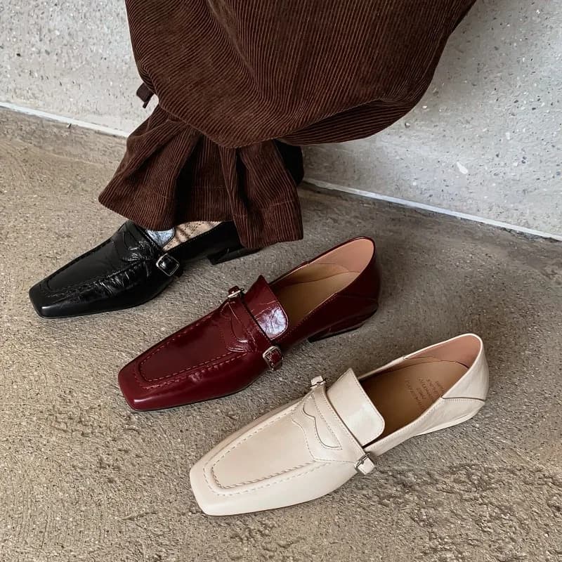 Leather Pu Square Heel Elegant Women Loafers Belt Buckle Details Square Toe Casual Shoes Comfortable Low Heel Office Women Shoes