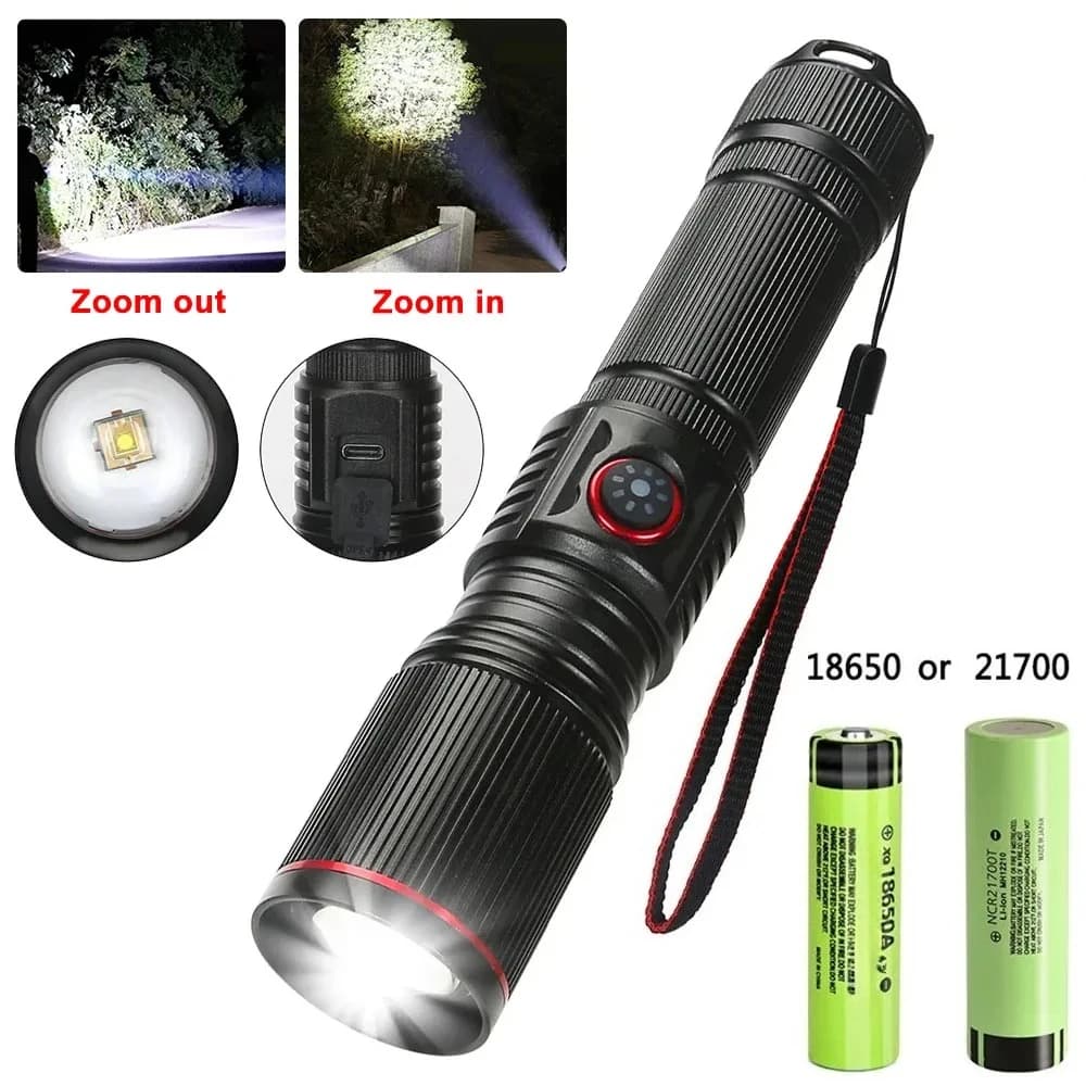 Powerful 18650 or 21700 LED White Laser Flashlight Aluminum Alloy Battery Zoom Flashlight With Tail String Power Indicator