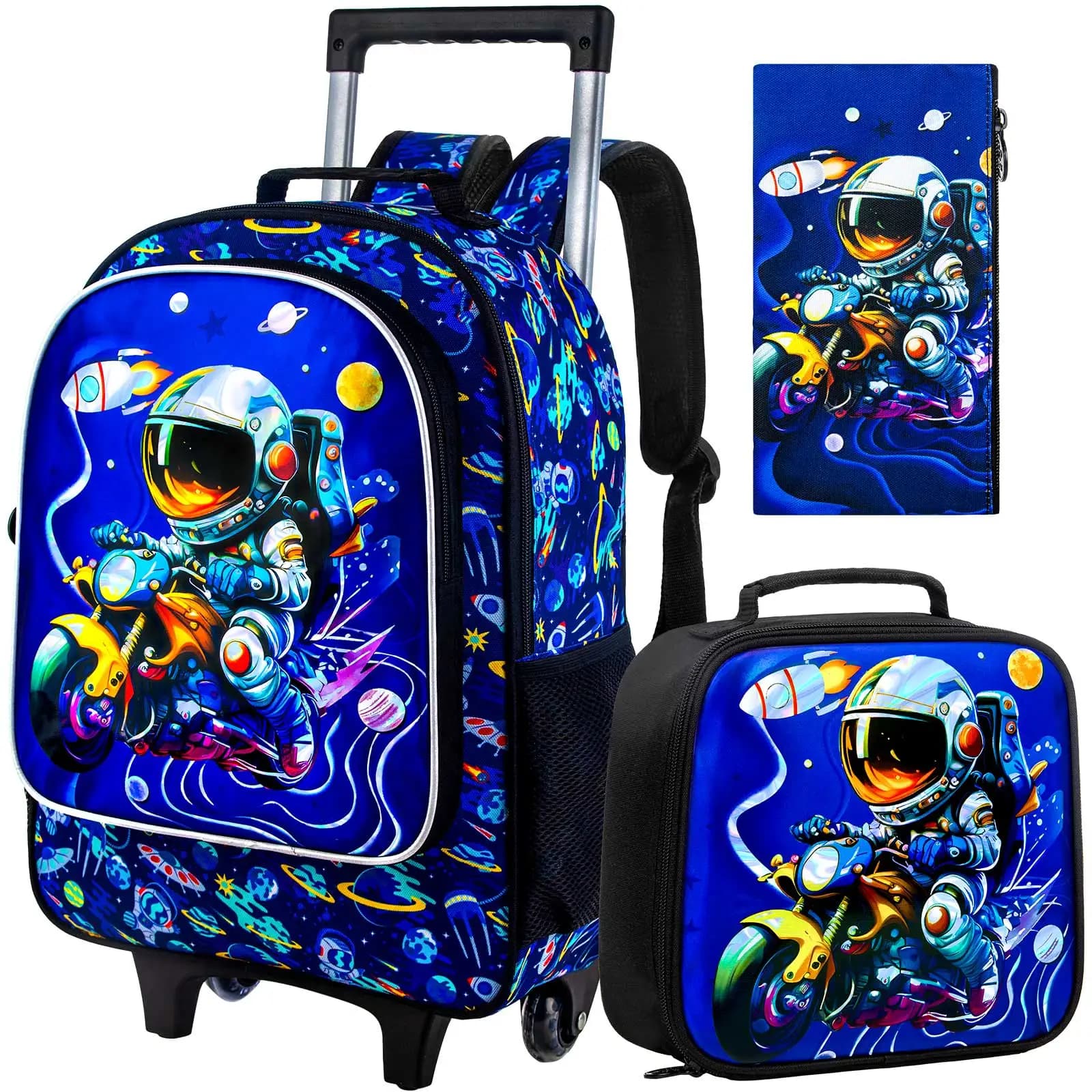 Zaino con rotelle per astronauta da 3 pezzi per ragazzi, zaini scolastici per bambini con ruote, zaino con ruote a rulli stampato UV resistente all'acqua
