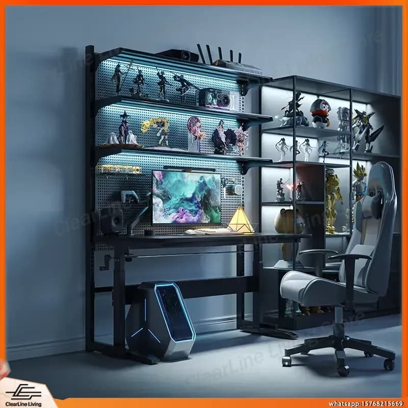 Scrivania da Gaming a L Ergonomica per Esports, Altezza Regolabile, Supporto Monitor RGB LED con Gestione Cavi, Nera