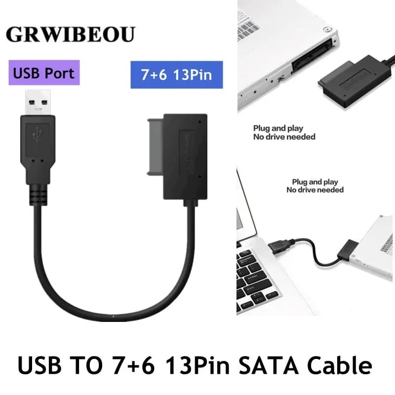 Adattatore USB per PC 6P+7P, Convertitore CD DVD ROM SATA a USB 2.0, Cavo Adattatore Slimline SATA 13 Pin per PC, Laptop, Notebook