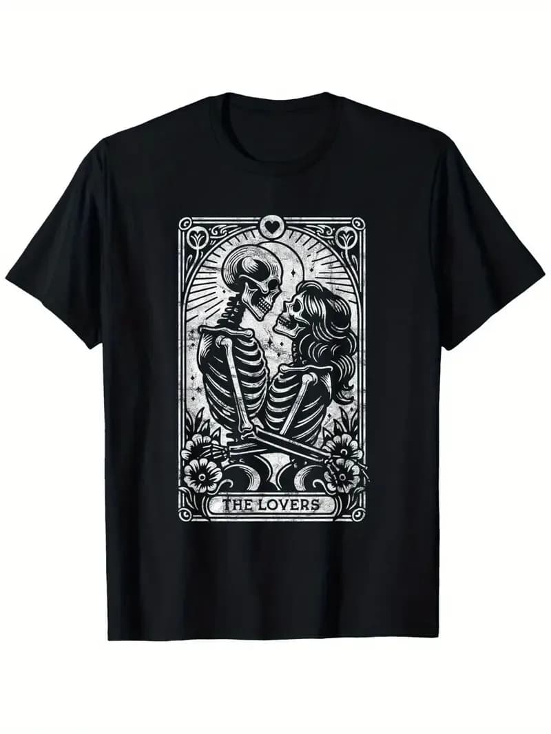T-shirt The Lovers Vintage Skeleton Couple Skull Gothic Tarot Card, da uomo e da donna