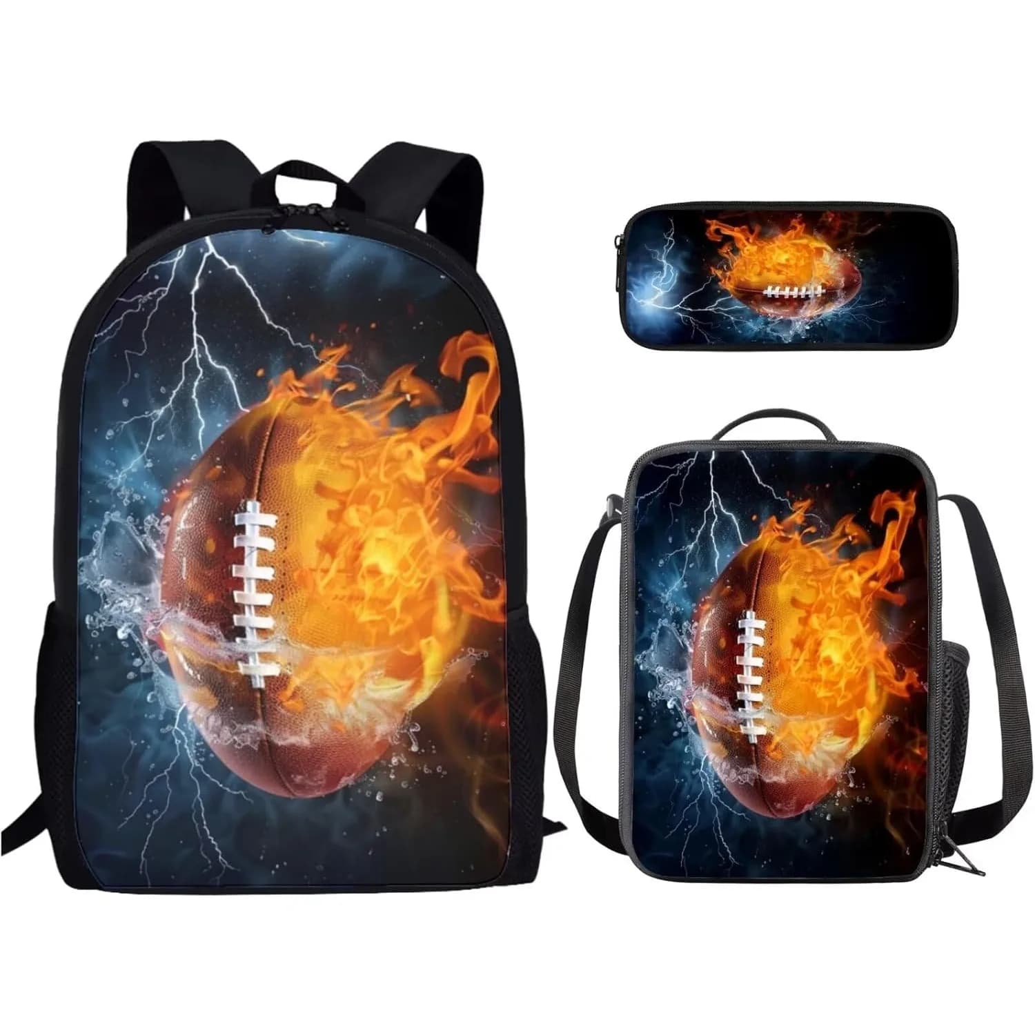 Fire Water Ameriacn Football Designs Backpack Set 3 Piece Backpack with Lunch Box and Pencil Case for Elementary Middle School