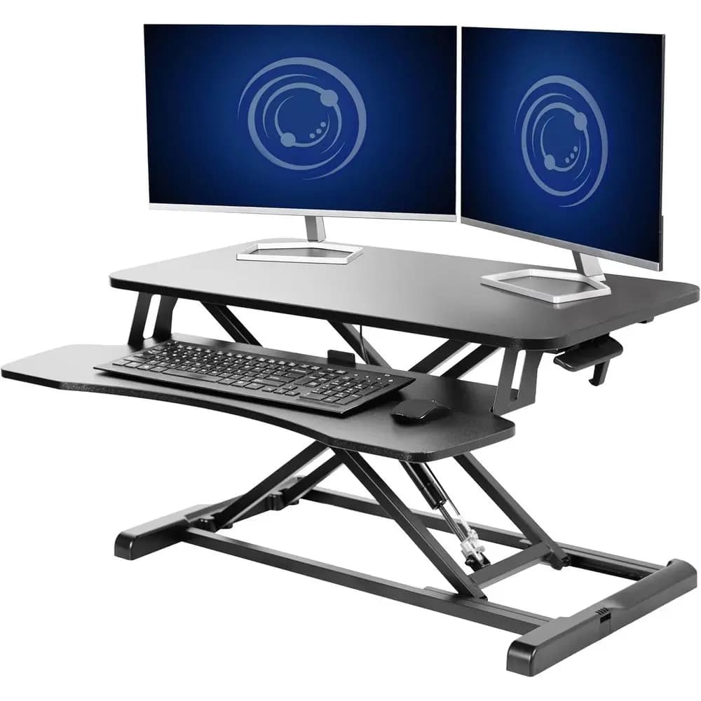 Supporto per 32 monitor doppi regolabile in altezza con ripiano per laptop e ampio vassoio per tastiera, nero