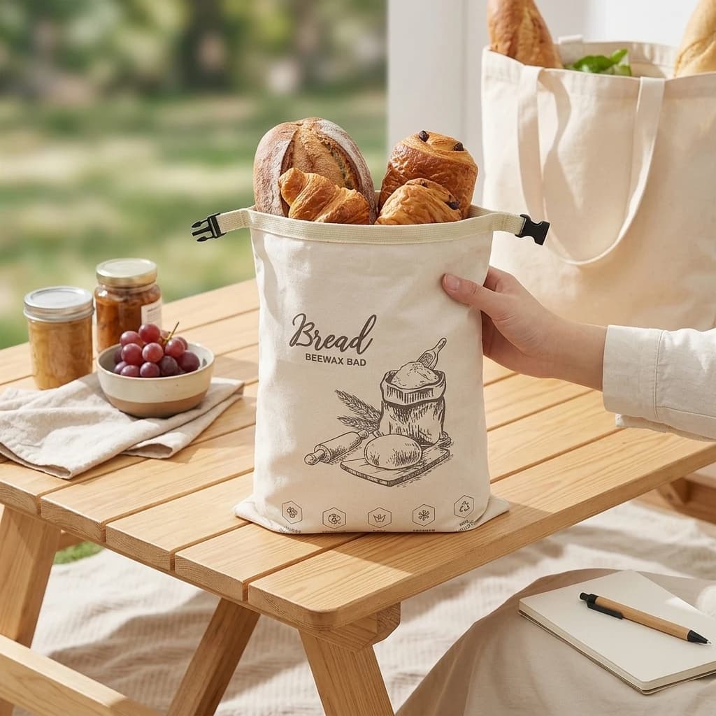 Reusable Beeswax Bread Bag with Zipper and Snap Closure for Kitchen Storage Food Grade Washable for Sandwiches Fruits and Snacks