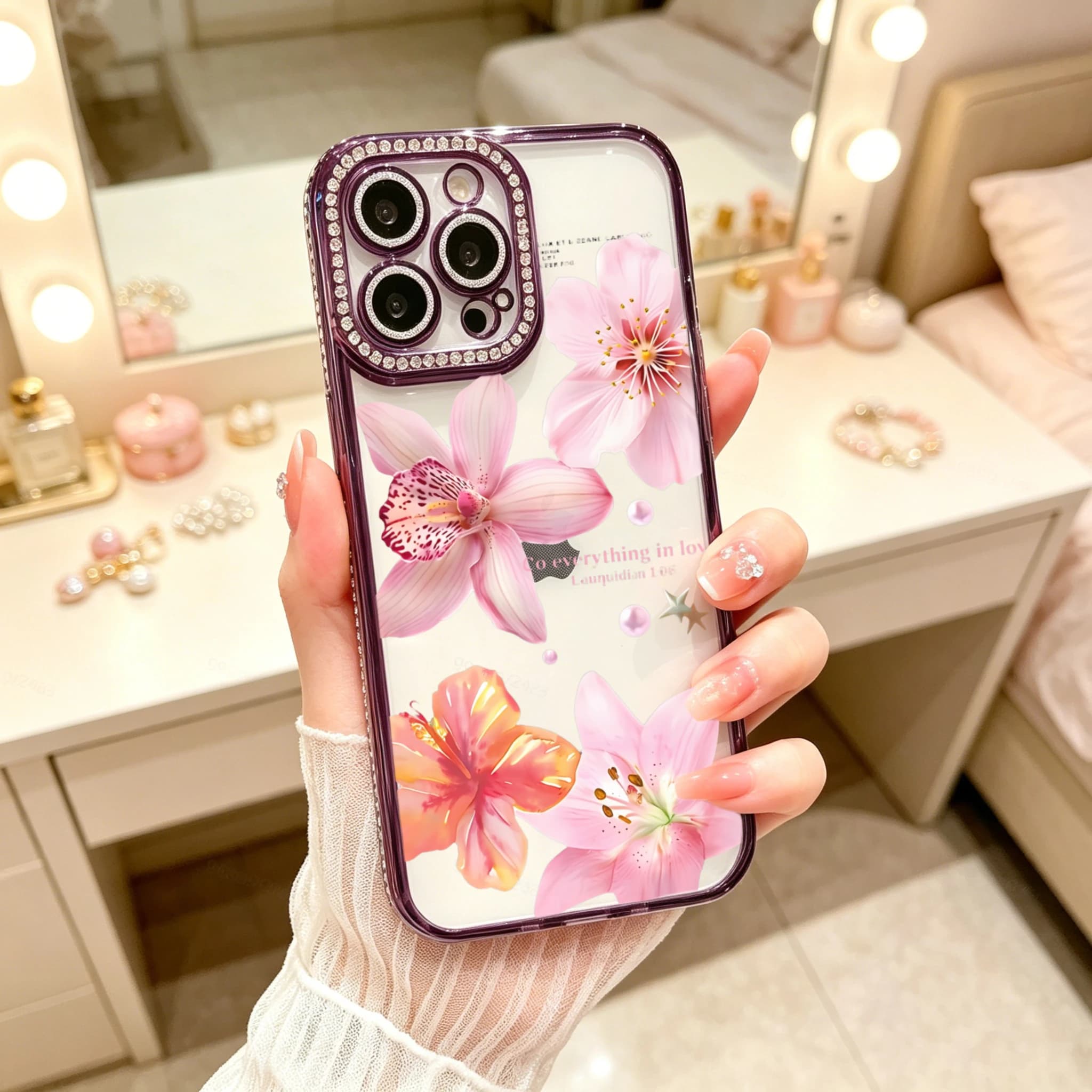 Diamond Electroplated TPU Phone Case for iPhone, Luxury Floral Phone Case, Pink Blossom Design , Luxury Glitter Rhinestone Frame, Built-in Lens Protector, Anti-Slip Shockproof Clear Cover