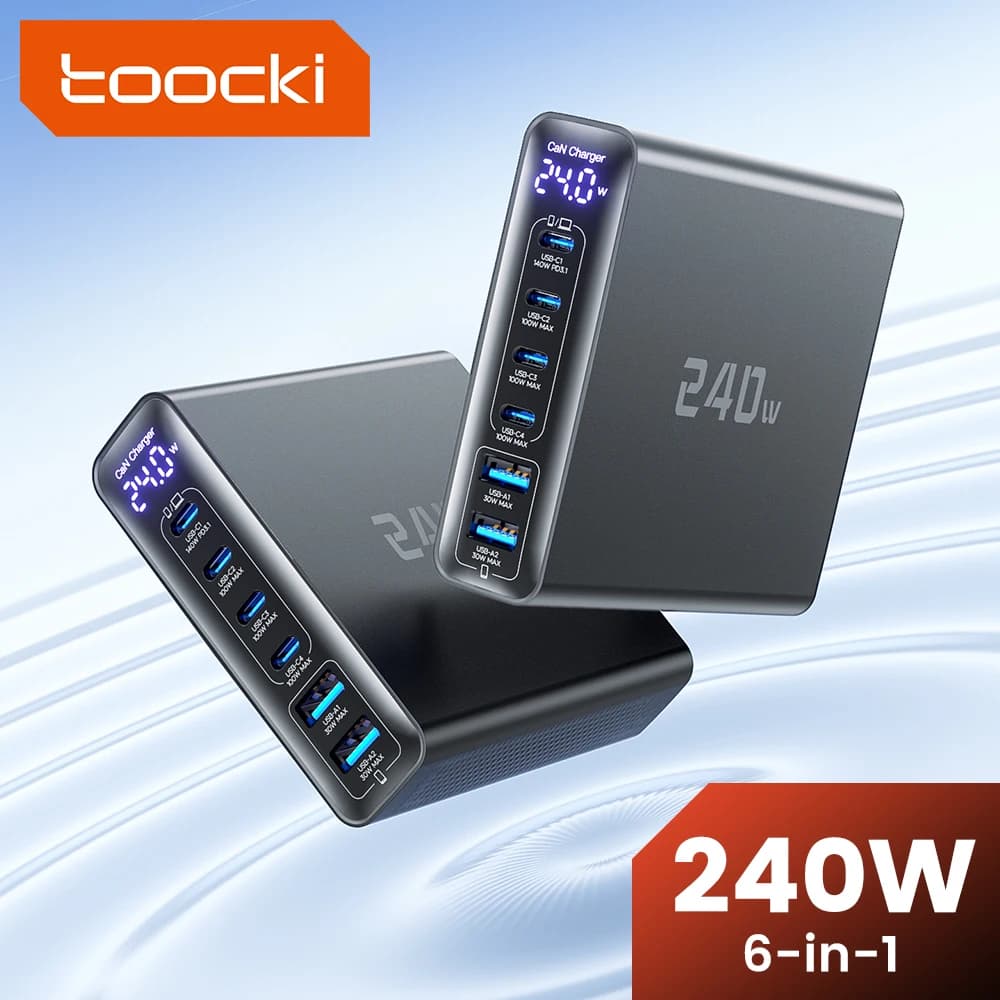 Toocki 240W GaN USB C Charger with 1.5m Cable Ushaped Base Digital Display Desktop Flash Charging USB Charger for MacBook iPhone