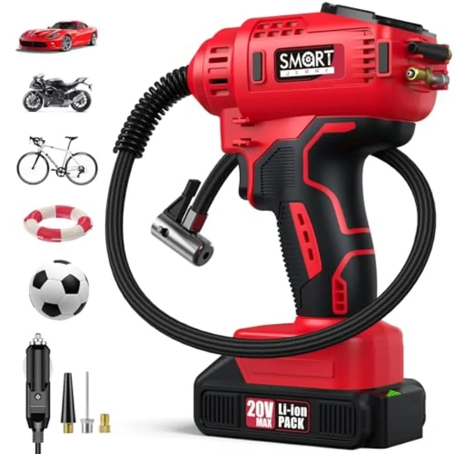 Compressore d'aria portatile per pneumatici auto 20V/12V a doppia alimentazione, pompa ad aria senza fili con pressione massima di 150 PSI e spegnimento automatico intelligente