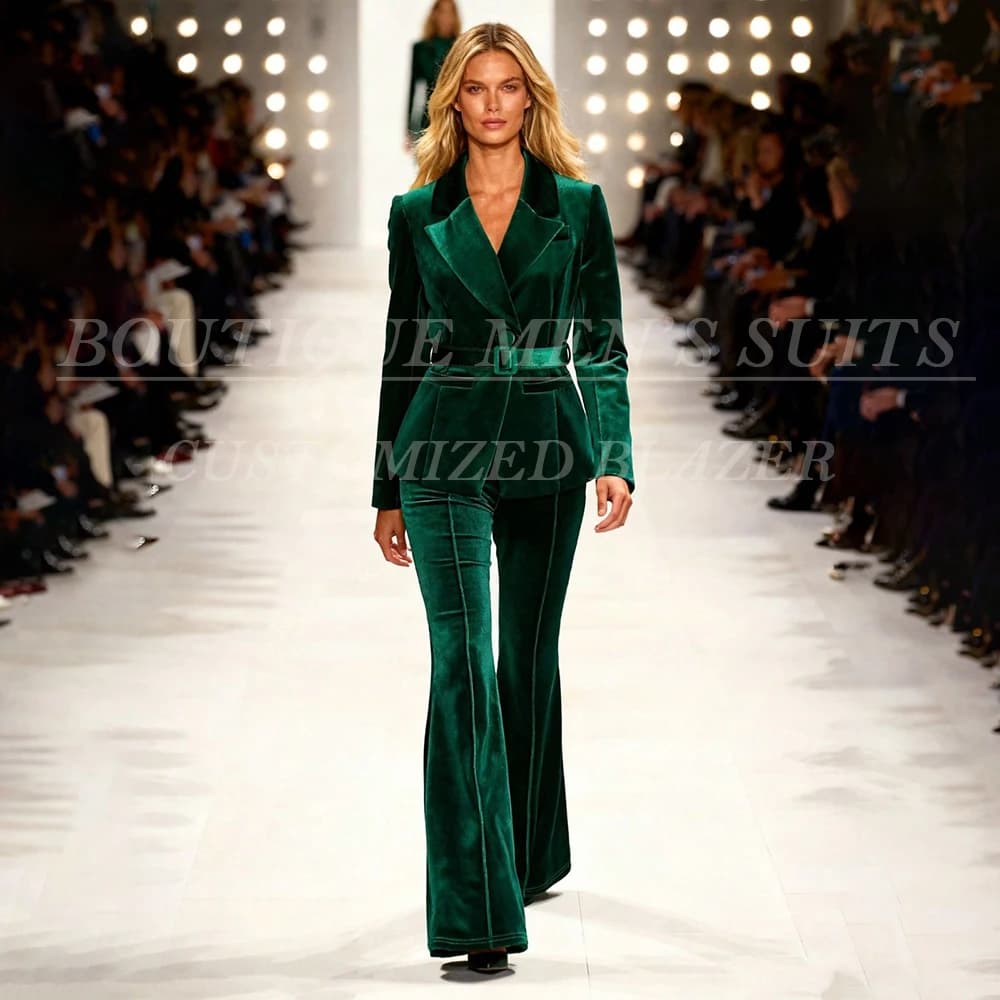 Abiti da donna in 2 pezzi di velluto verde Elegante cintura con un bottone Pantaloni slim fit Giacca personalizzata Pantaloni Abiti Costume 2026