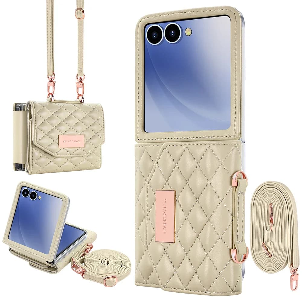 VIETAO Custodia a Portafoglio di Lusso in Morbida Pelle PU per Samsung Galaxy Z Flip 7 FE 6 5 4 3 5G con Tracolla Lunga e Slot Porta Carte Resistente