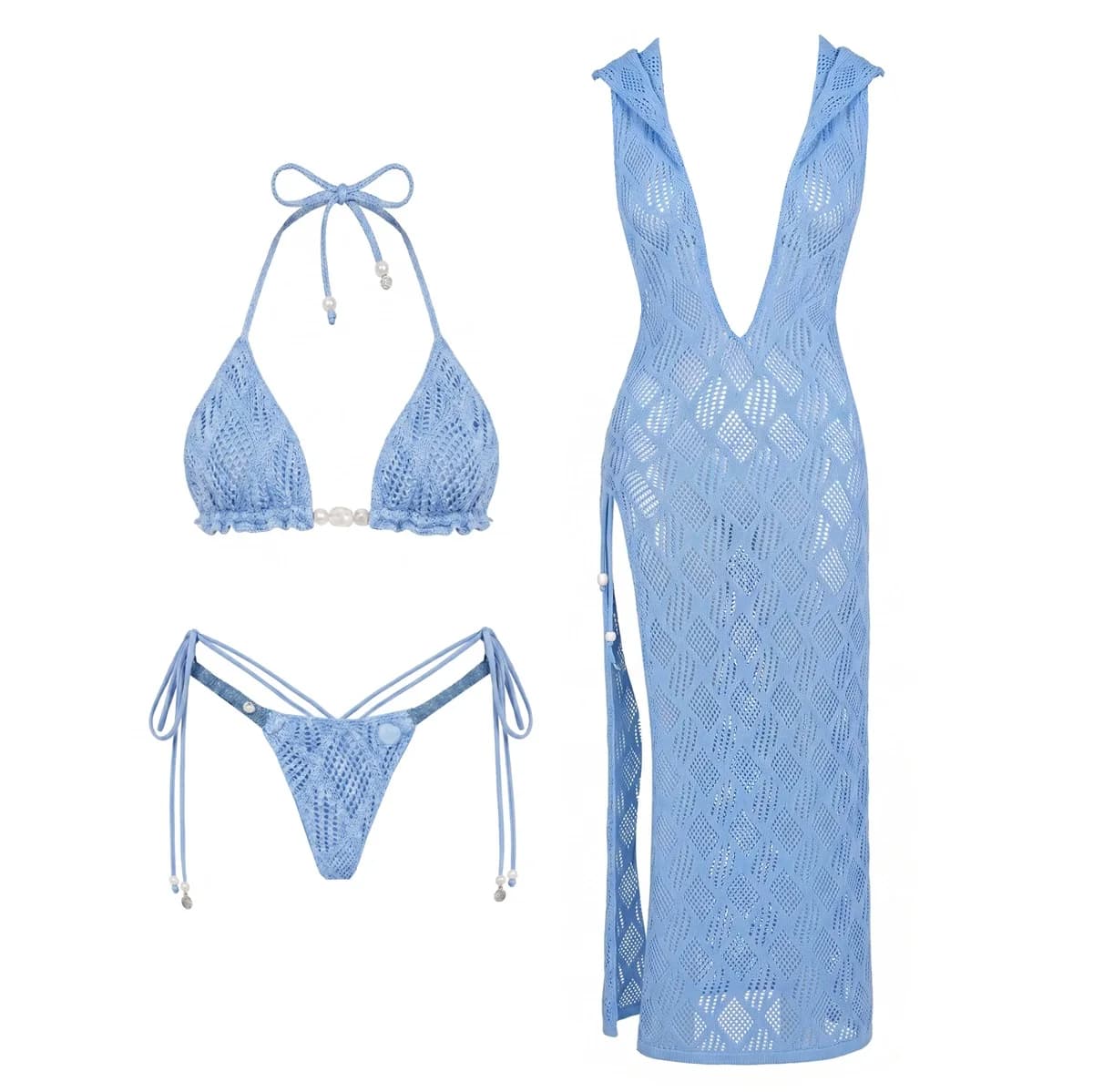 Set Bikini Sexy all'Uncinetto 3 Pezzi 2026 Nuovo Costume da Bagno Donna con Copricostume Abito Mare Blu Biquini Femminile Abbigliamento da Spiaggia