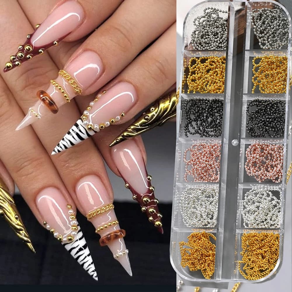 12 Metal Chain Grills for Nail Art, Chains of Gold and Silver Caviar Beads, Nail Studs and Charms, 3D Punk Metallic Chains, Manicure Jewelry, DIY Decorations