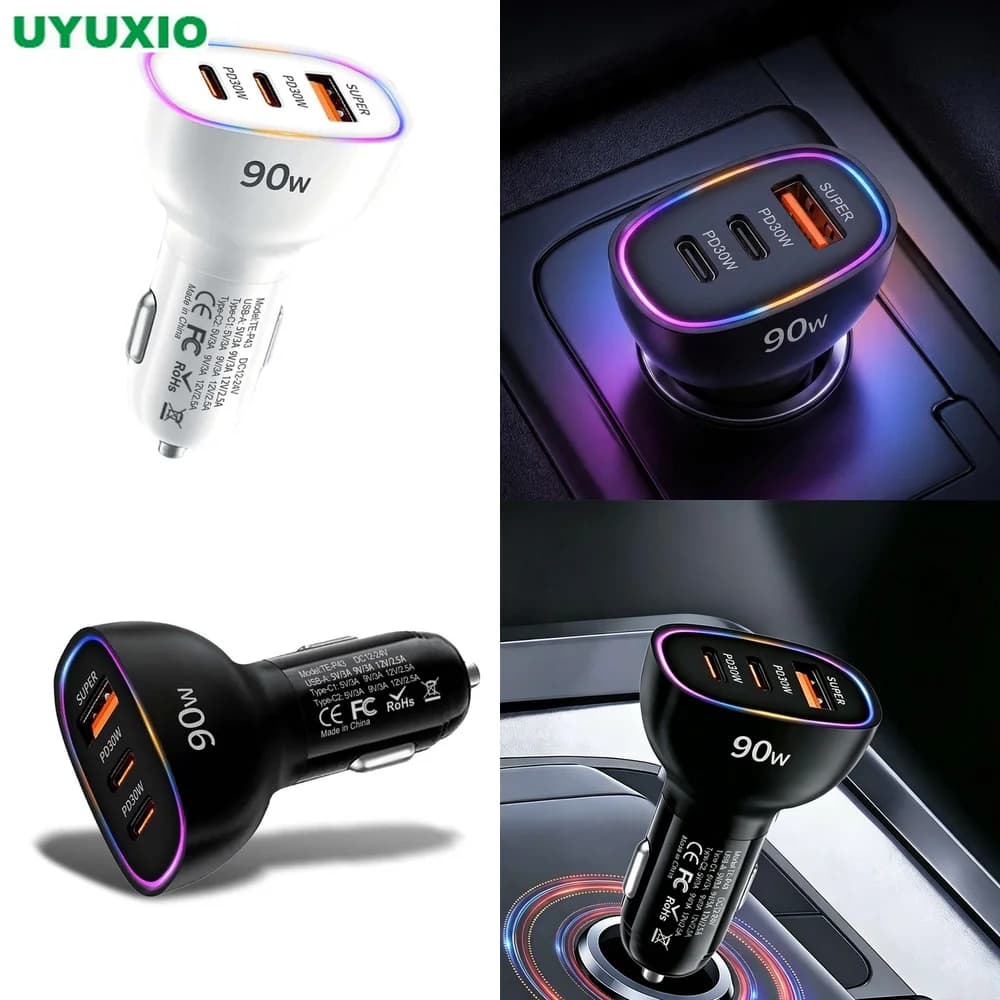 Super Fast Charging 90W Car Charger 3 Ports Dual PD 30W Type C USB A 30W Power Adapter PPS QC3.0 SCP RGB Ambient Light 12V 24V