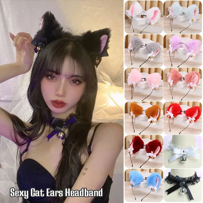 Women's and Girls' Rabbit Sexy Cat Ear Hairband, Lace Bow Necklace, Peluche Bell, Hair Band, Cosplay, Mask Party Costume