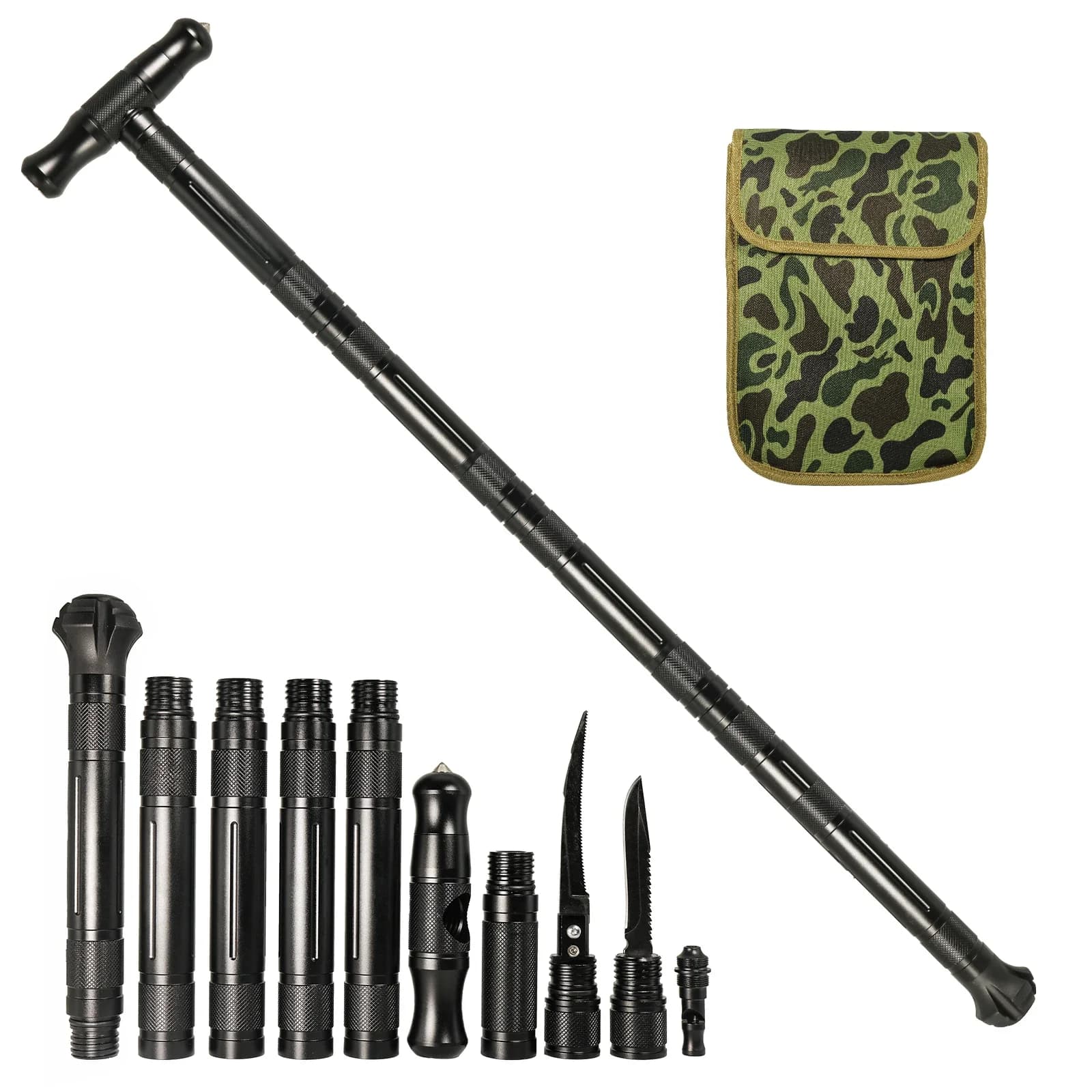 Multi-function Trekking Poles Tungsten Steel Stick Detachable Walking Sticks Portable Folding Outdoor Camping