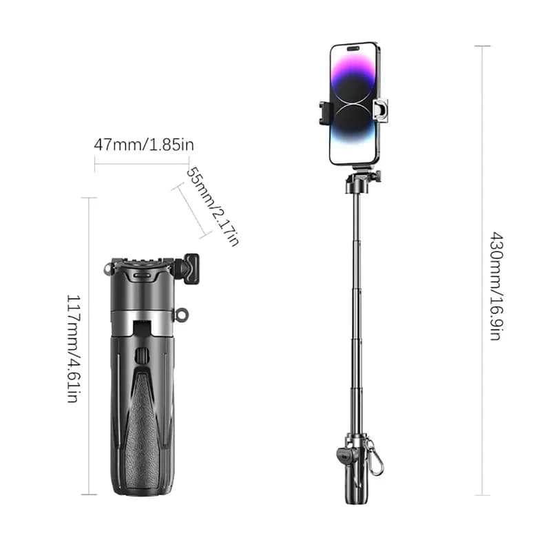 Treppiede per selfie 4-in-1 con telecomando rimovibile, impugnatura estensibile tascabile per telefono, ideale per vlog, livestreaming e fotografia