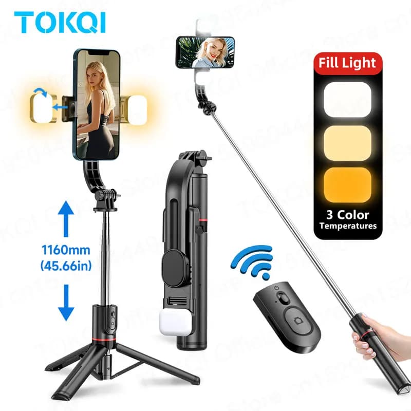 TOKQI L13d selfie stick tripod with wireless Bluetooth filling light, 45.66 inch bracket, portable tripod for iPhone 17/16 smartphone