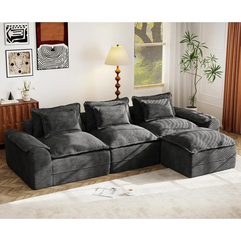 Divano Componibile a L con Pouf, 3 Posti, Rivestimento Rimovibile, Grande Divano per Soggiorno in Grigio