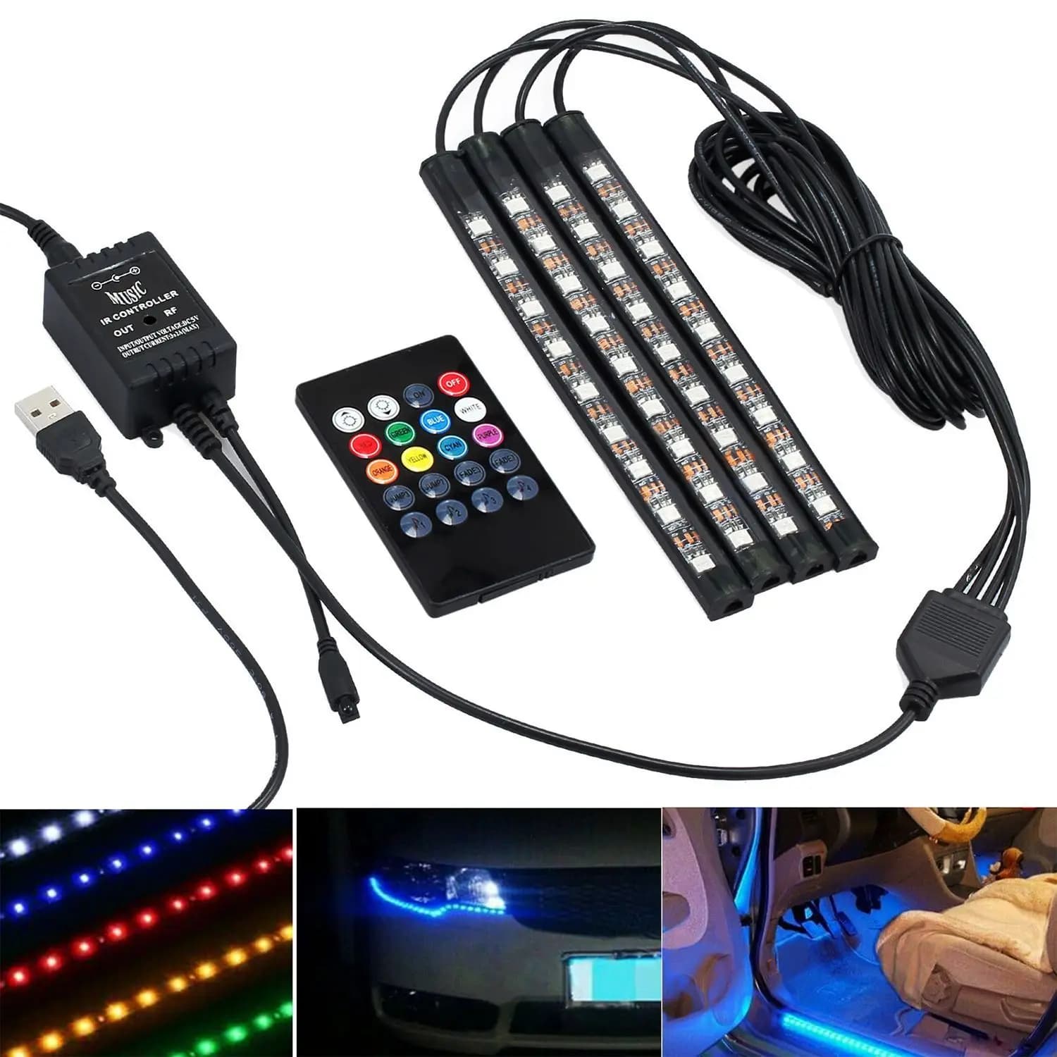 4X DC12V 9 LED RGB Striscia luminosa per atmosfera interna dell'auto USB -AD39