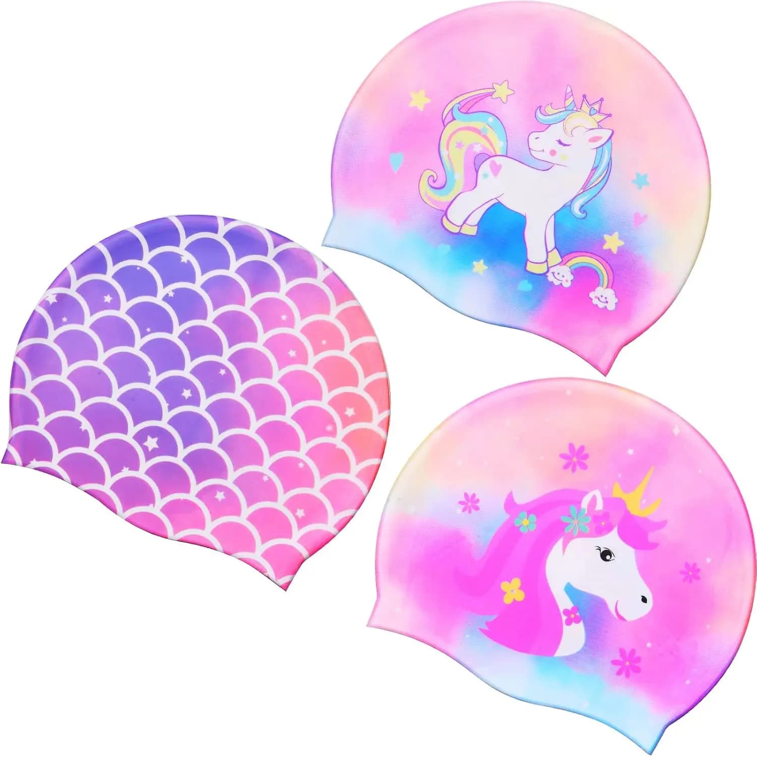 3 Pezzi Cuffie da Nuoto per Bambini, Impermeabili, con Cartoni Animati, per Capelli Lunghi e Corti, per Bambini e Bambine