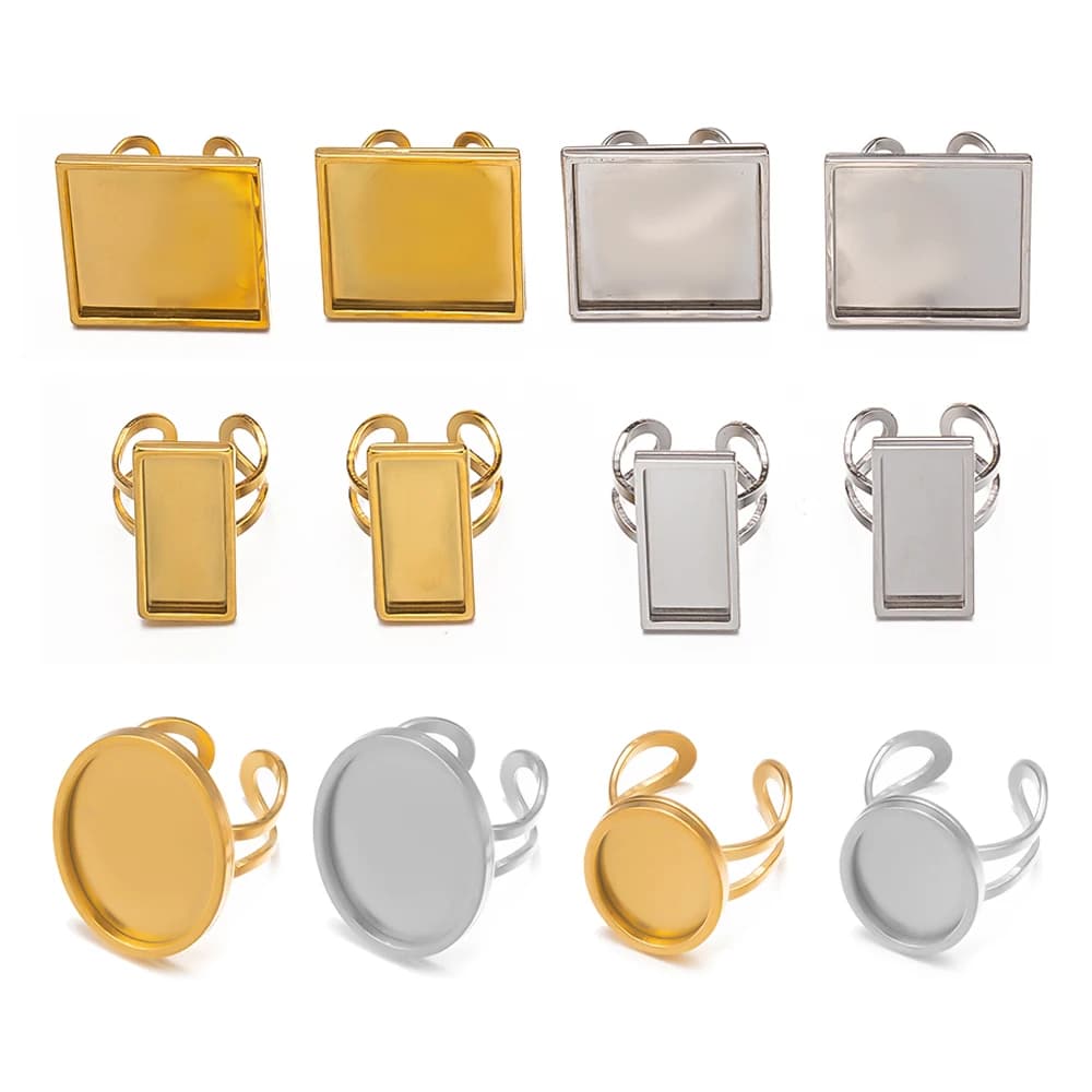 4Pcs Stainless Steel Square Oval Blank Base Open Adjustable Rings Settings Round Cabochon Trayer Bezel For DIY Jewelry Making