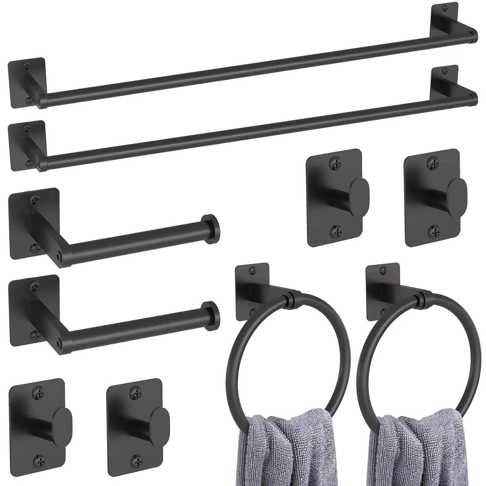 10-Piece Black Bathroom Hardware Set: 24 Inch Towel Bars, Towel Rings, Toilet Paper Holders, Robe Hooks