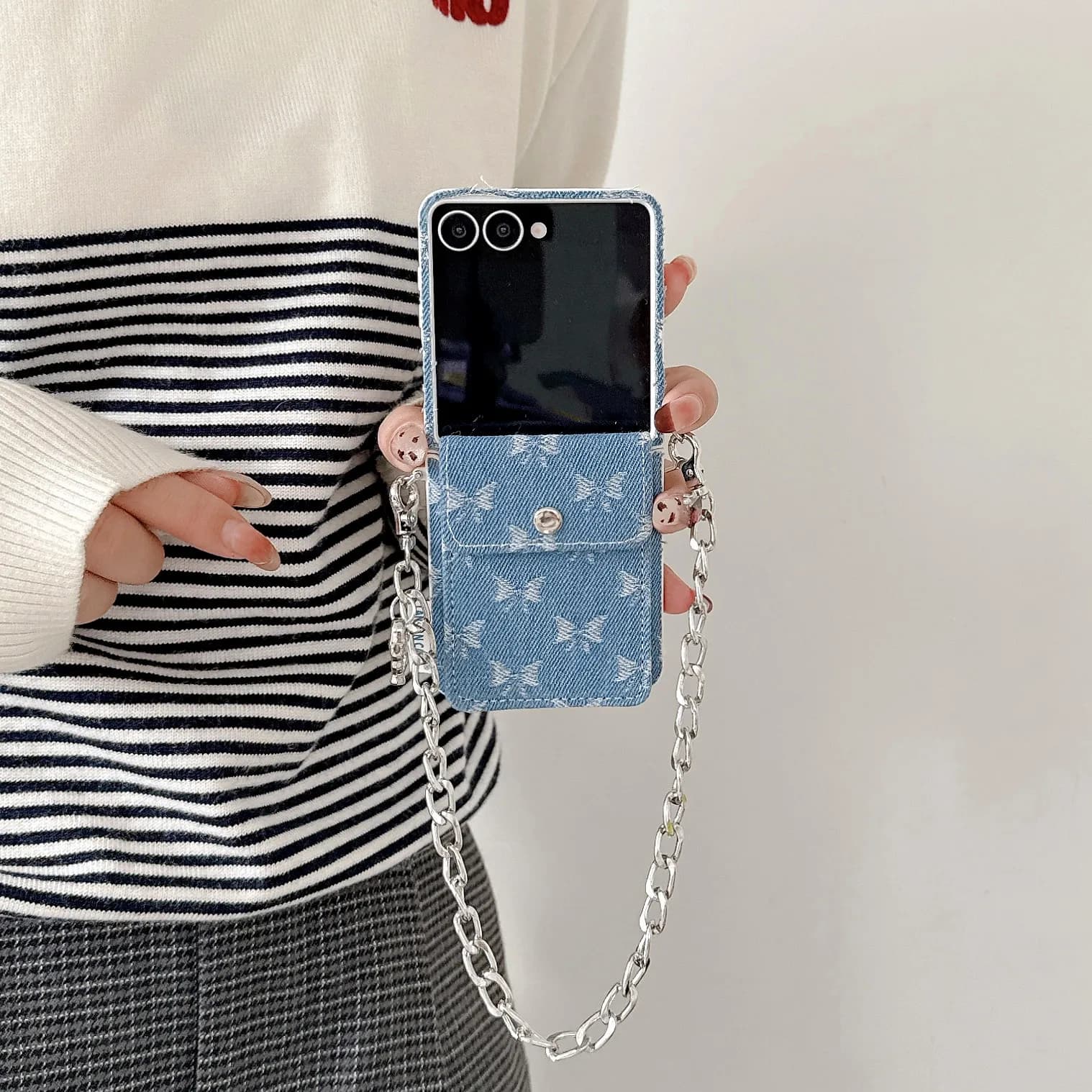 Kawaii Bow Knot Card Bag Denim Cassa del telefono per Samsung Galaxy Z Flip 7 6 5 Flip6 ZFlip7 Bow Knot Card Bag Cordino Copertura del telefono