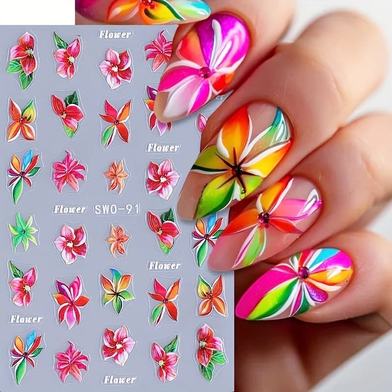 3PCS Embossed Flower Nail Art Sticker Hawaiian Style Glossy Self-Adhesive DIY