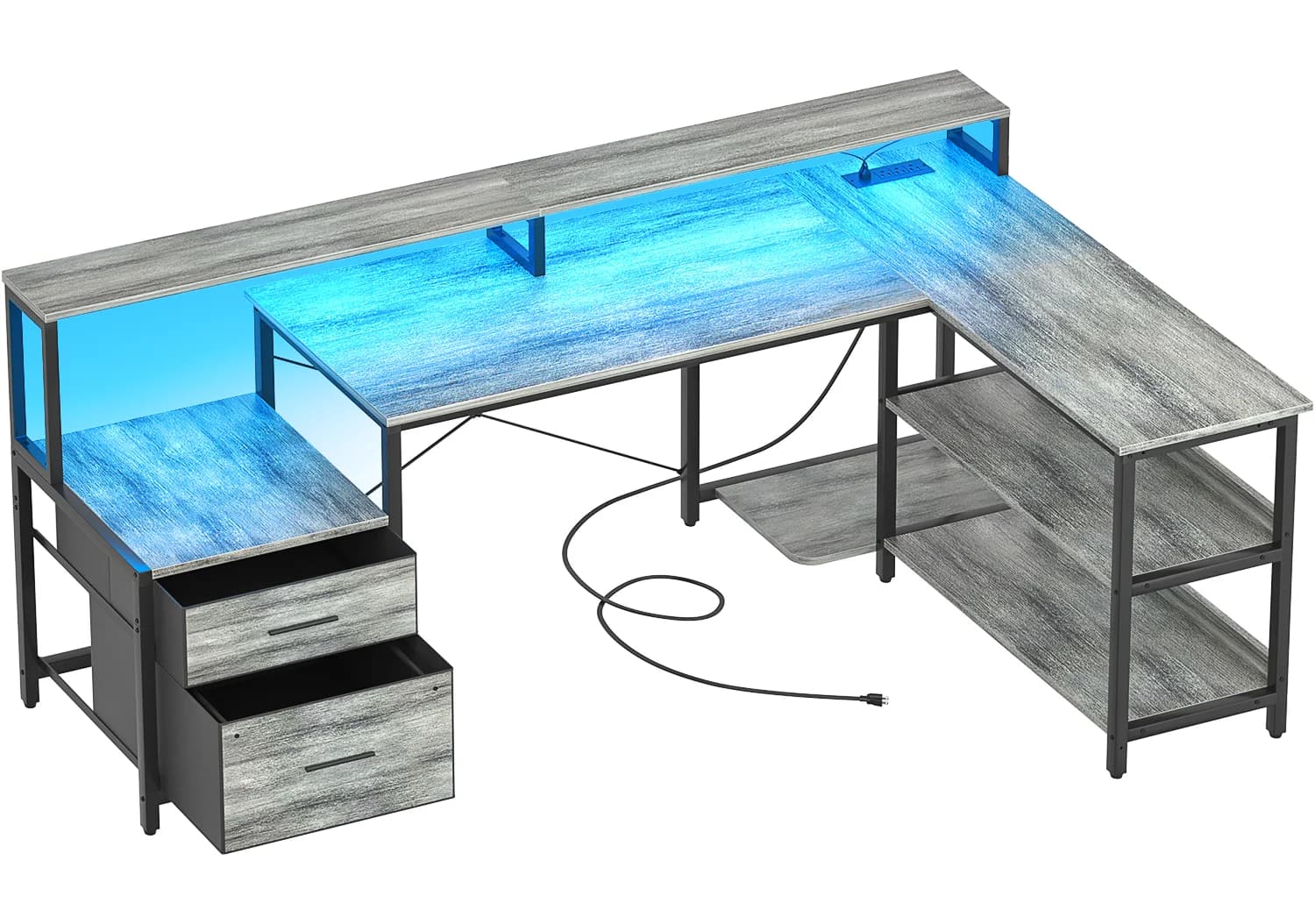 L Shaped Desk with Power Outlet, Reversible L Shaped Computer Desk with File Drawer & Monitor Stand, Gaming Desks with LED Strip