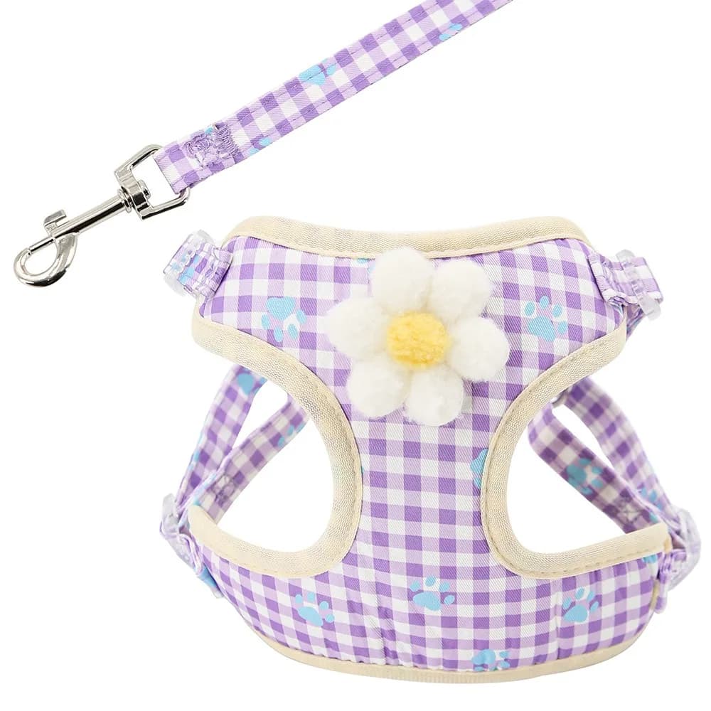 Soft Mesh Dog Harness Leash Set Vest Type Adjustable Dog Chest Strap with Flower Breathable Fashion Plaid Harness
