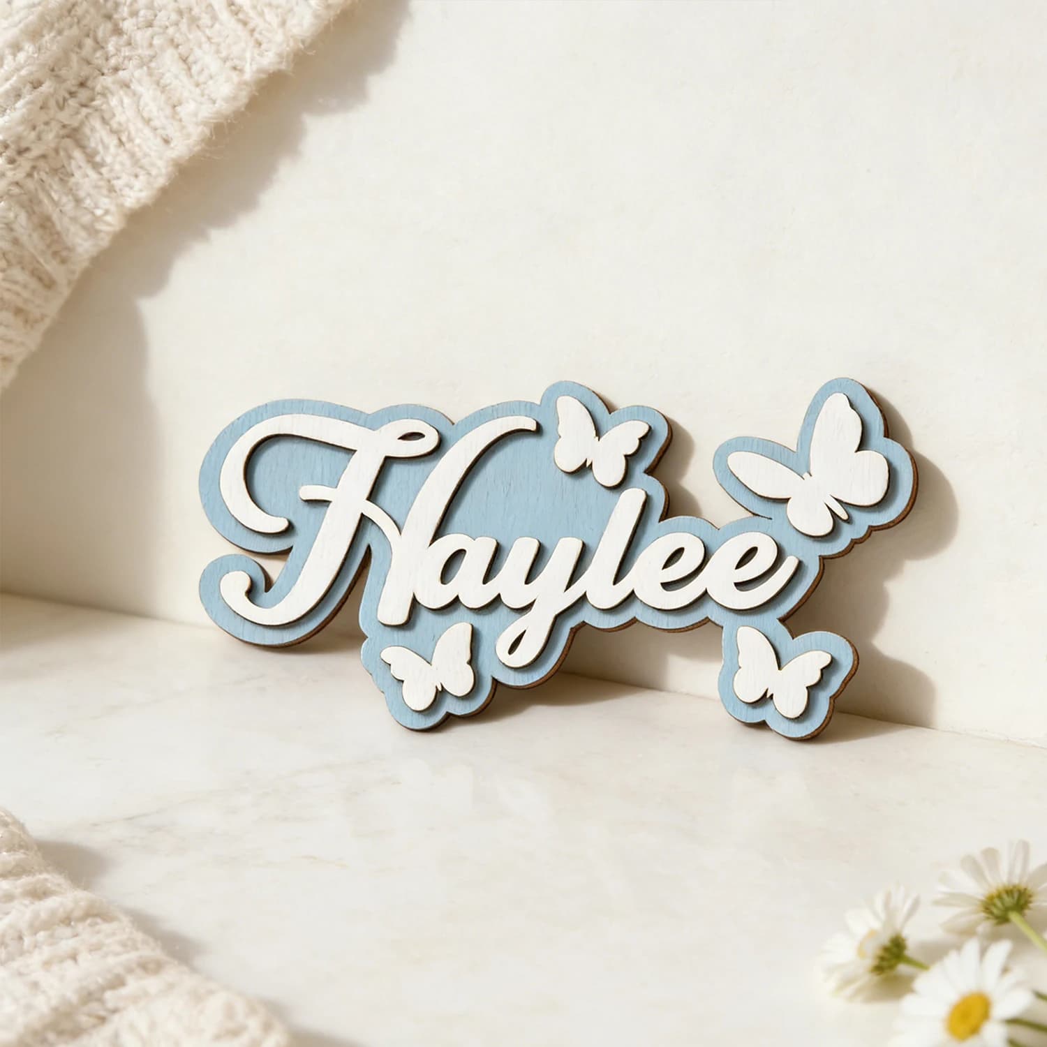 1pc Customized Wooden Surname Brand,Double-layer Butterfly Pattern Design,Children's Room Decoration, Baby Name Identification