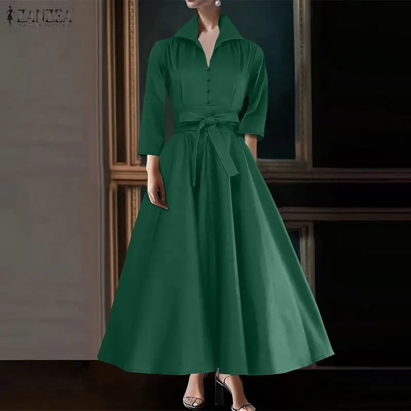 2026 ZANZEA Fashion Women Lapel Neck 3/4 Sleeve Dresses Summer Dress Elegant Office Work Sundress Solid Lace - Up Holiday Robe
