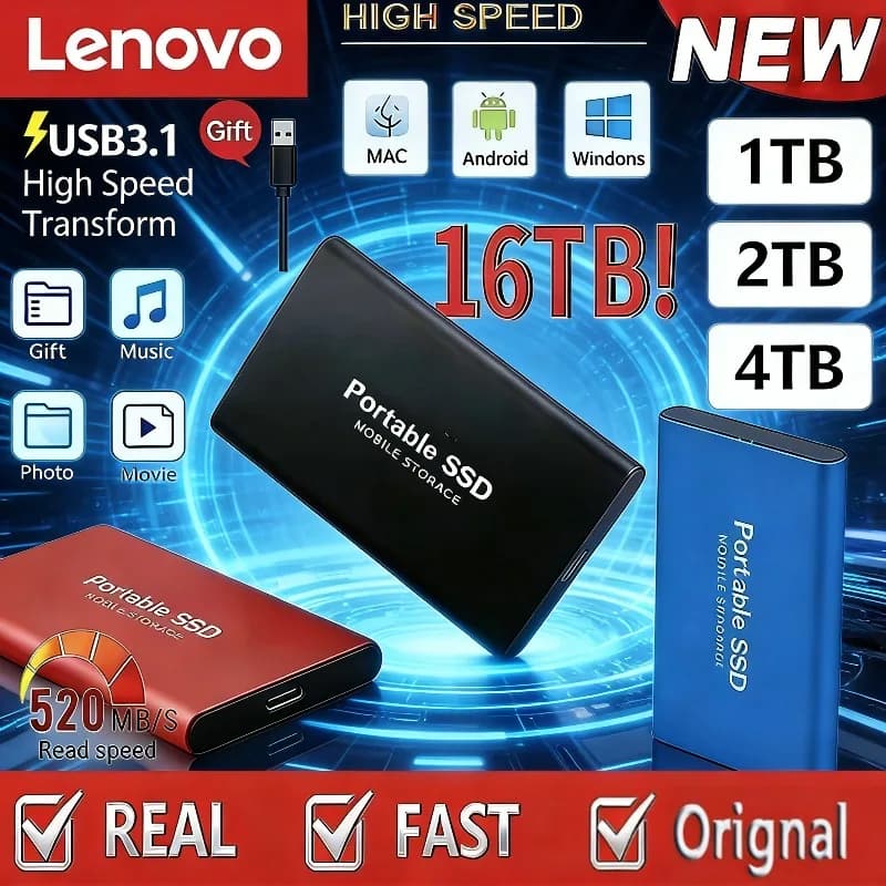 Disco Rigido Esterno Lenovo da 16TB, Funzionamento Silenzioso, Archiviazione Mobile SSD USB3.2 Type-C ad Alta Velocità