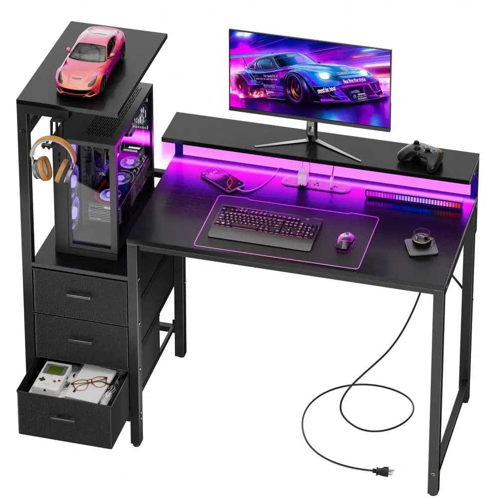 Home Office Gaming Desk, Equipped with LED Lights, Built-in Power Outlets, USB Charging, Monitor Stand, Dresser, Storage Drawers, PC Tower Stand & Headphone Hook