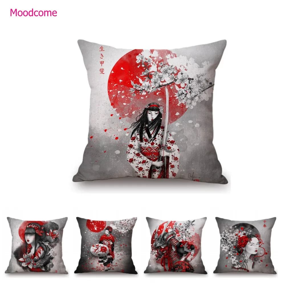 Arte giapponese Ikigain Life restraise Geisha Judo Samurai Spirit Red Black Ink Painting Art Sofa federa per cuscino fodera per cuscino in lino