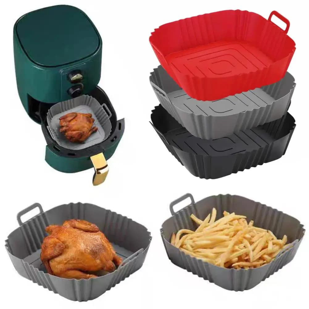 Stampo in Silicone Riutilizzabile per Friggitrice ad Aria e Forno, Teglia Rotonda e Quadrata, Rivestimento Antiaderente per Pizza e Pollo Fritto, Accessorio da Cucina