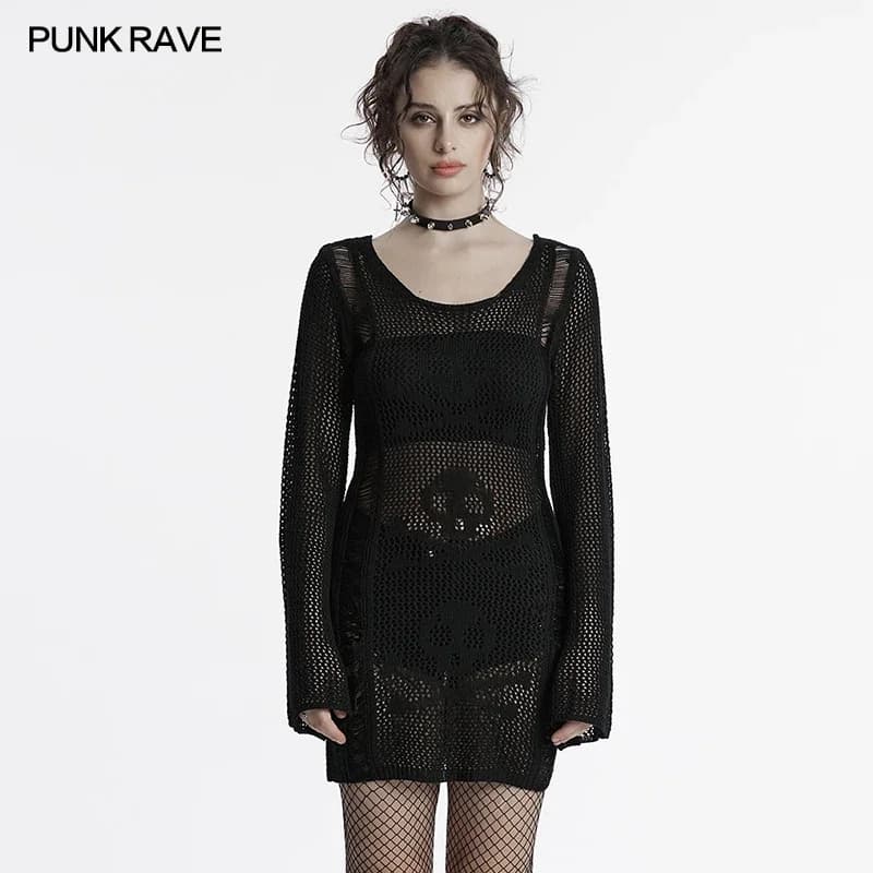 PUNK RAVE Donna Punk Struttura unica per tessitura Abito in maglia con teschio Senso decadente Abiti scuri sexy personalizzati Due colori