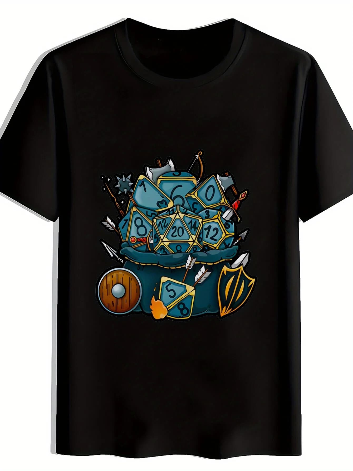 Men's casual t-shirt with sword fantasy print and black role play shield and dice bag