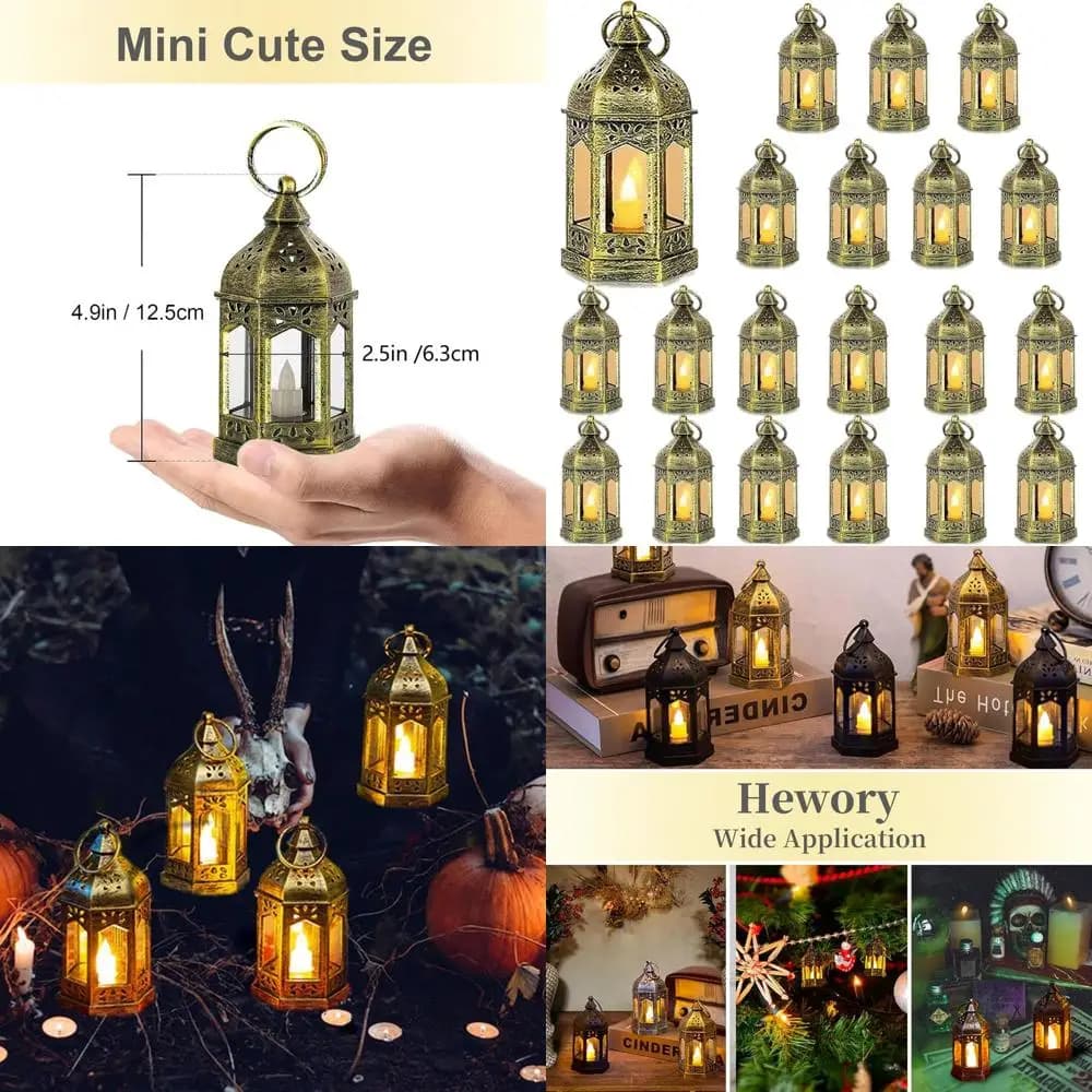 Set of 20 Vintage LED Lanterns Golden Hanging for Halloween, Christmas, Weddings and Celebrations with Including Batteries