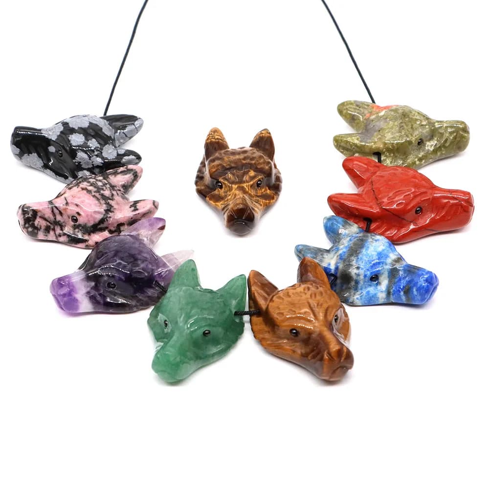 1.5 "ciondoli testa di lupo cristalli curativi naturali pietre Reiki ametista gemme animali intagliate a mano per gioielli che fanno collana regali