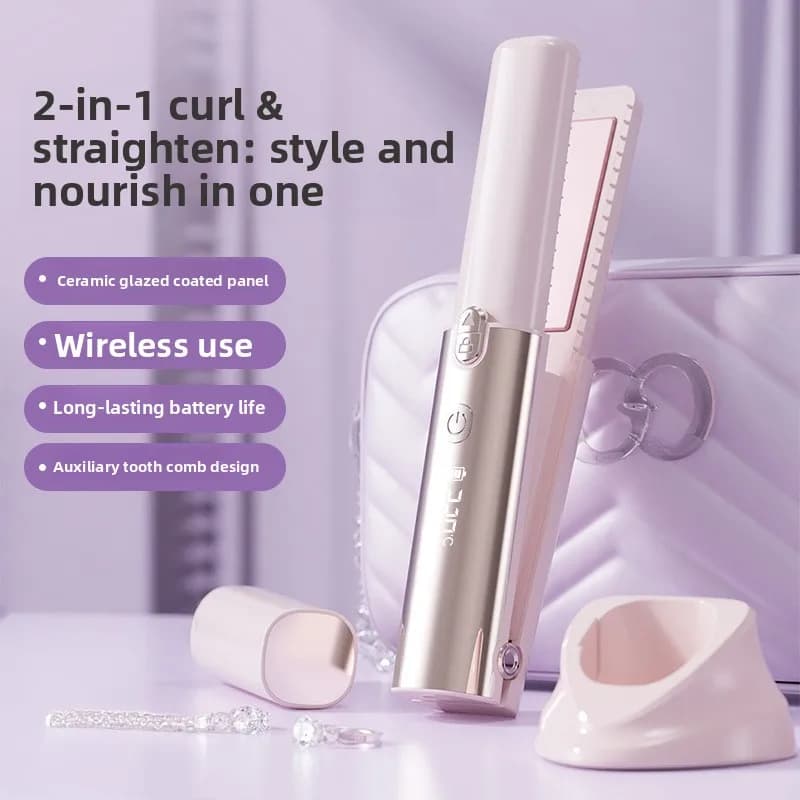 Ferro arricciacapelli wireless 2 in 1: mini piastra portatile ricaricabile per arricciare e stirare