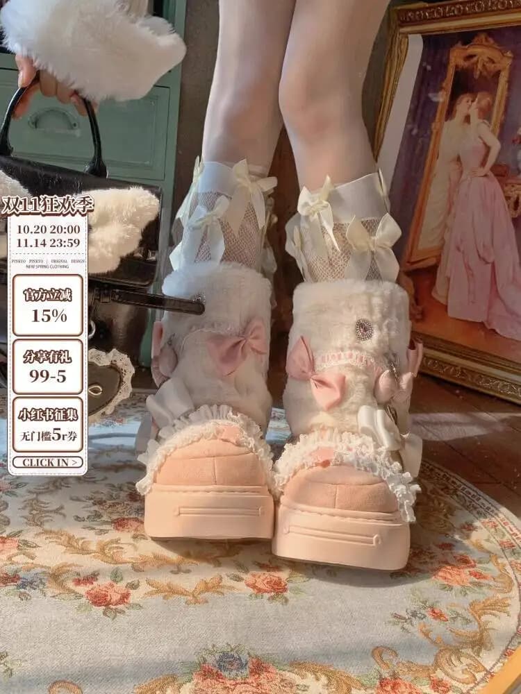 Stivali Lolita giapponesi da donna Costumi Cosplay Scarpe Stivaletti da neve con fiocco carino Pelliccia di coniglio finta Stivaletti caldi invernali con suola spessa
