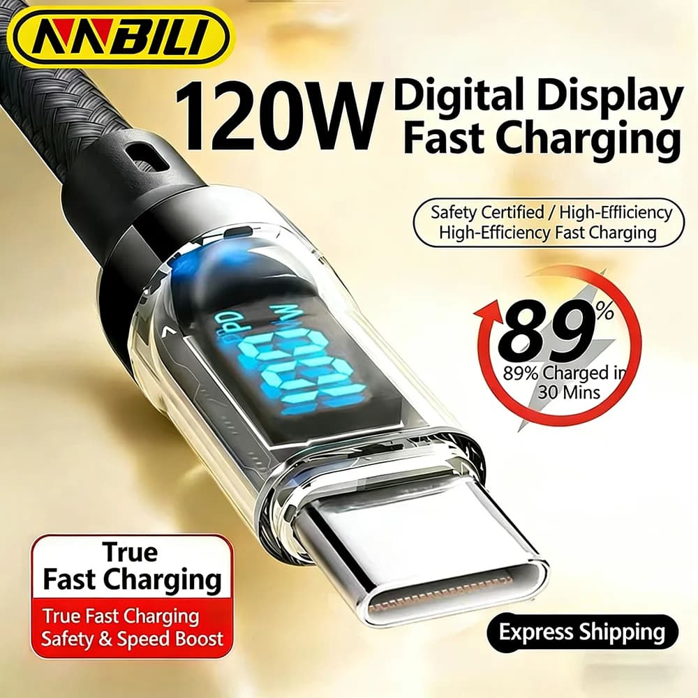 Cavo USB C a Type C NNBILI 120W con display LED per Huawei, cavo di ricarica rapida e trasferimento dati PD 27W per iPhone 14 13 11