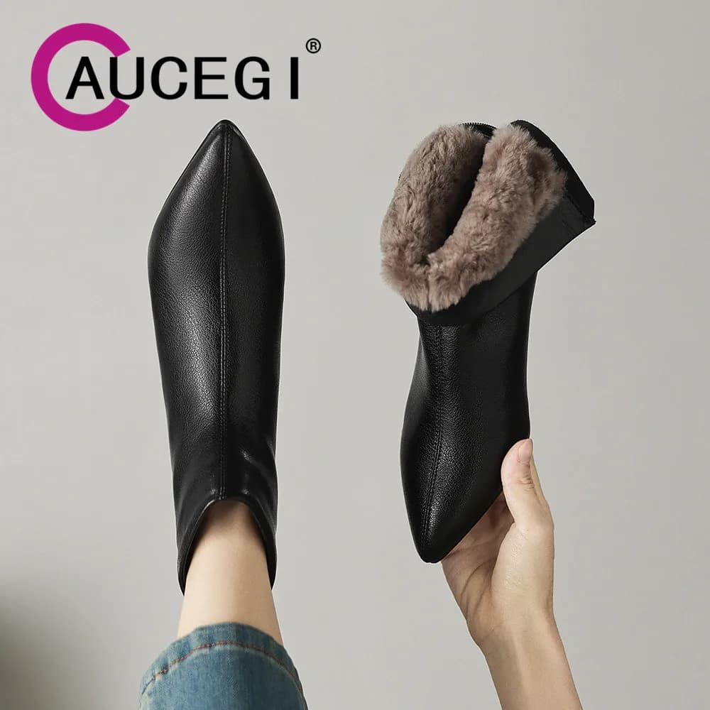 Aucegi Classical Simplicity Winter Women Ankle Boots Cow Leather Kitten-Heels Sexy Pointed Toe Zipper Warm Wool Dress Shoes