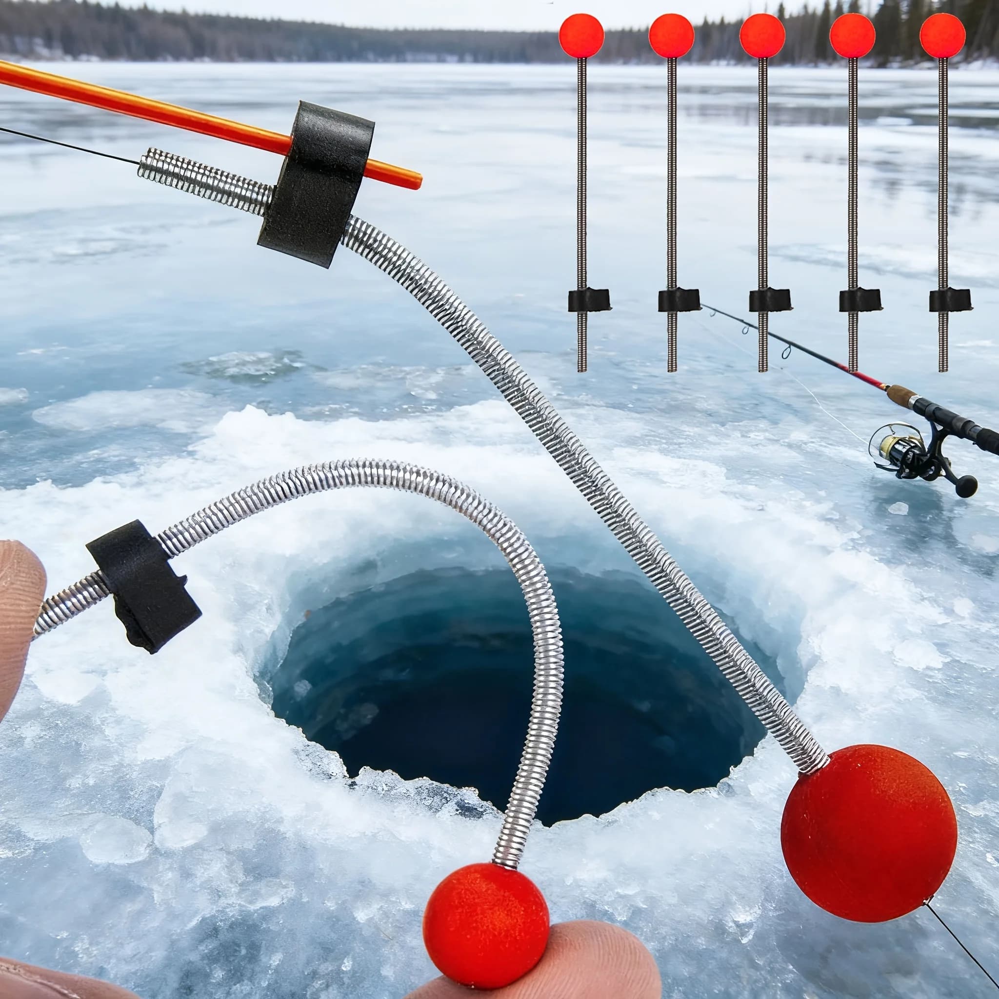 Set di mini indicatori per pesca sul ghiaccio invernale da 5 pezzi - Molla rossa portatile per la pesca in acqua fredda, canne da pesca