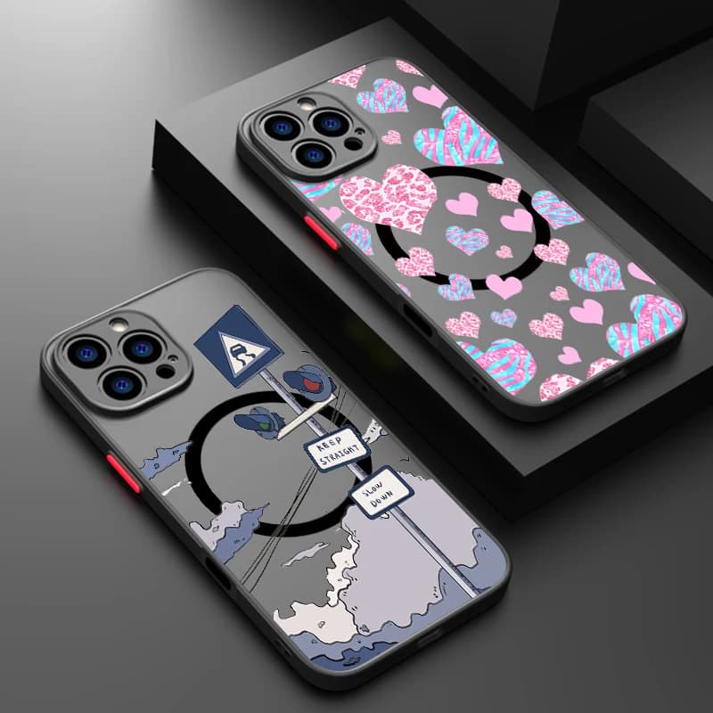 Segnaletica stradale magnetica Custodia per telefono cuore d'amore per iPhone 16e 15 14 Pro Max 13 12 Pro 16 15 14 Plus 11 Magsafe Custodia morbida in acrilico TPU