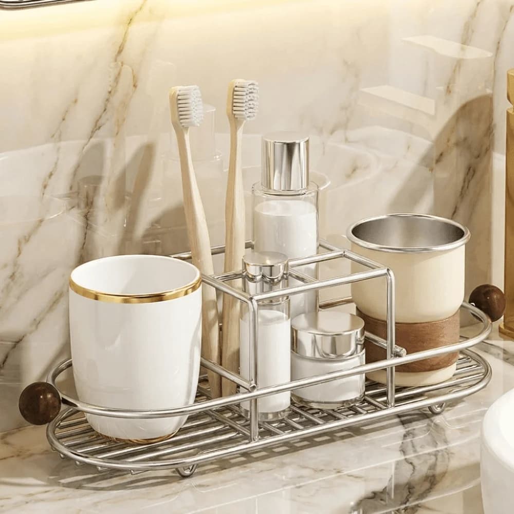 Stainless Steel Toothbrush Holder Waterproof Quick Dry Mouthwash Cup Rack Space Saving Rustproof Cutlery Storage Rack Desktop